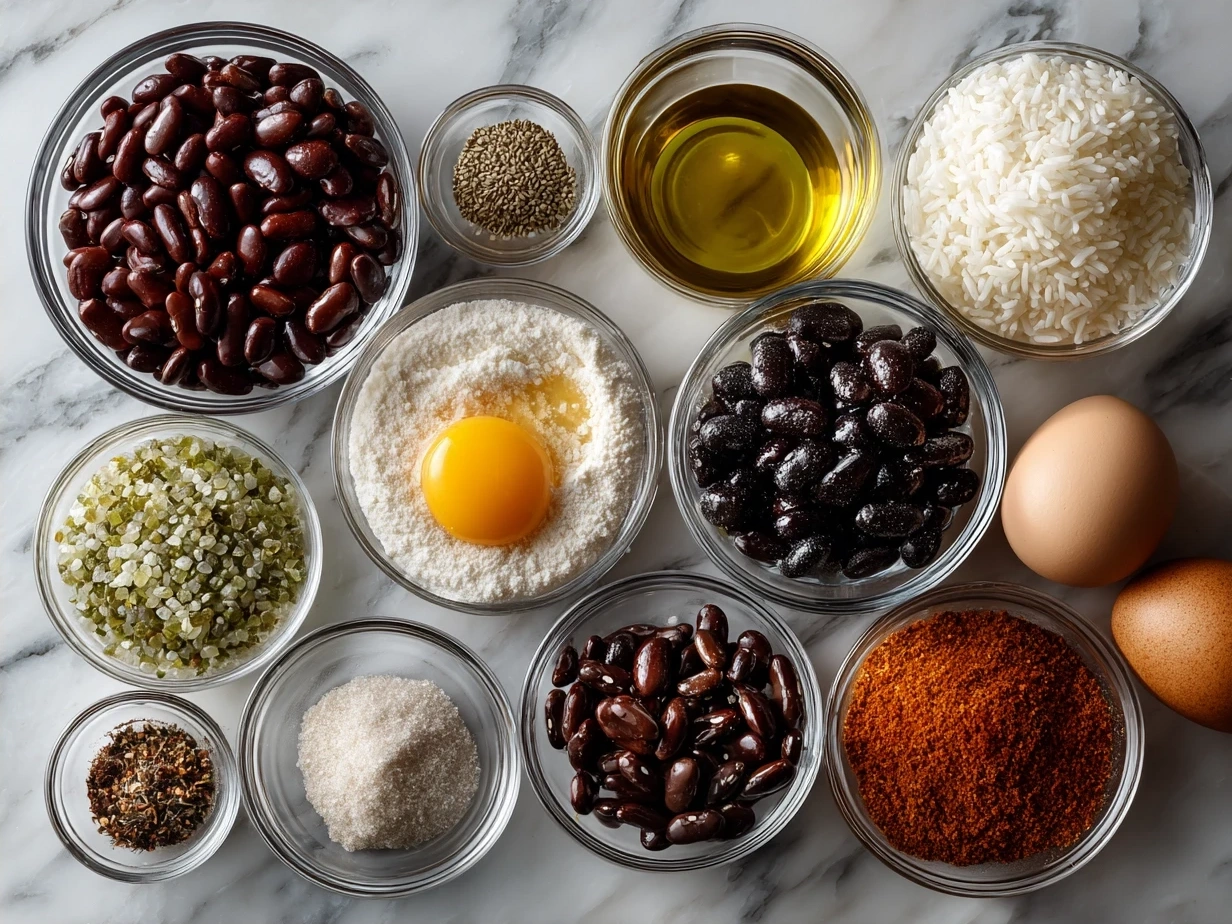 Ingredients laid out for one-pot red beans and rice including red kidney beans, sausage, vegetables, and spices