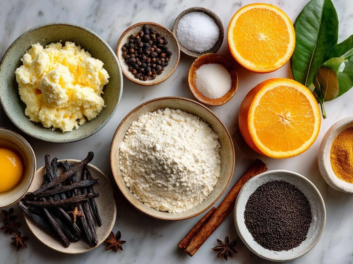 Orange Clove Cookies ingredients laid out including flour, ground cloves, butter, sugar, eggs, and fresh oranges