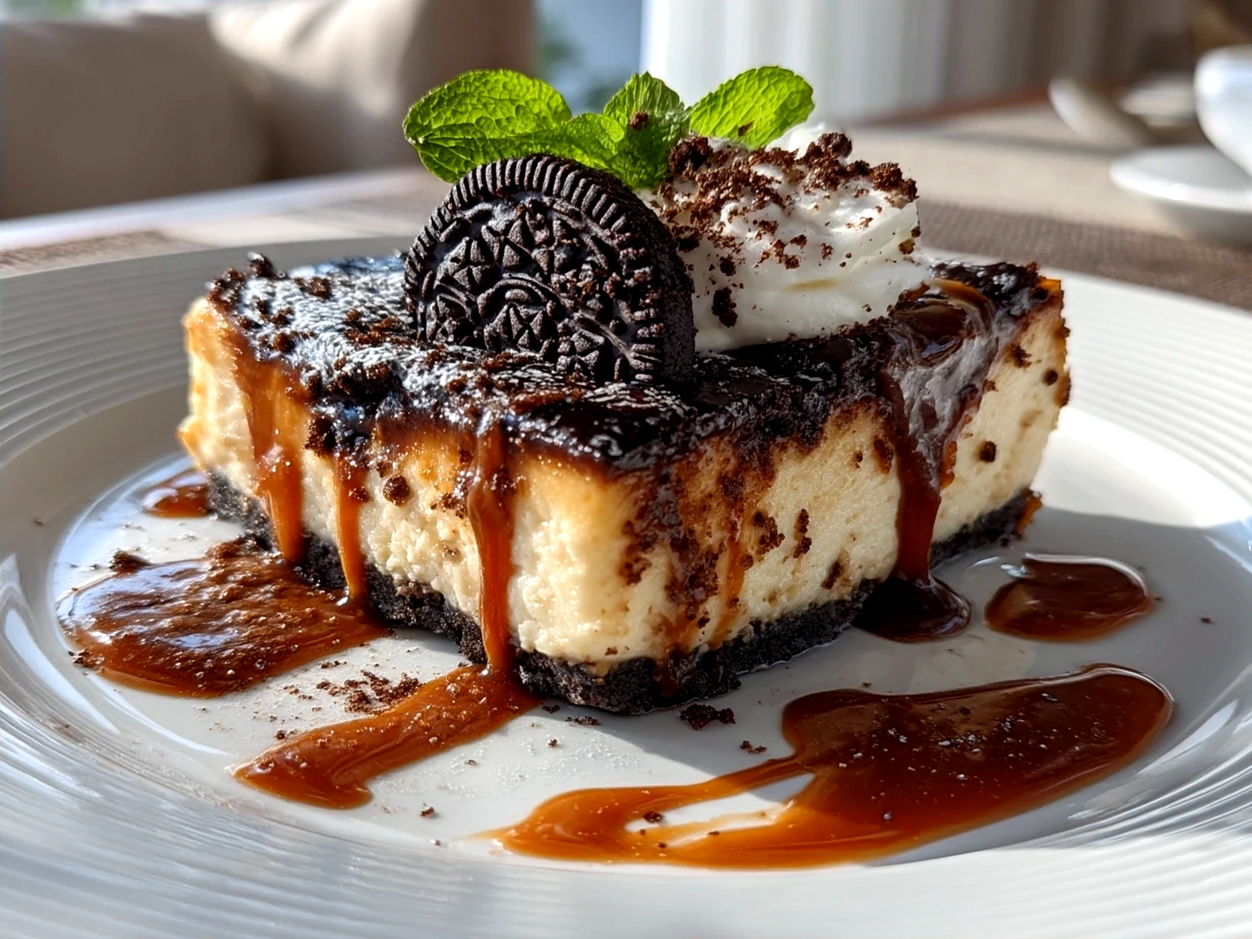Chilled Oreo Cheesecake sliced, topped with crushed Oreos and chocolate sauce
