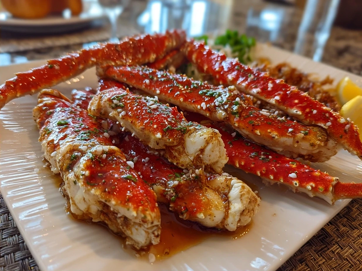 Delicious oven baked snow crab legs on a plate garnished with parsley and lemon wedges