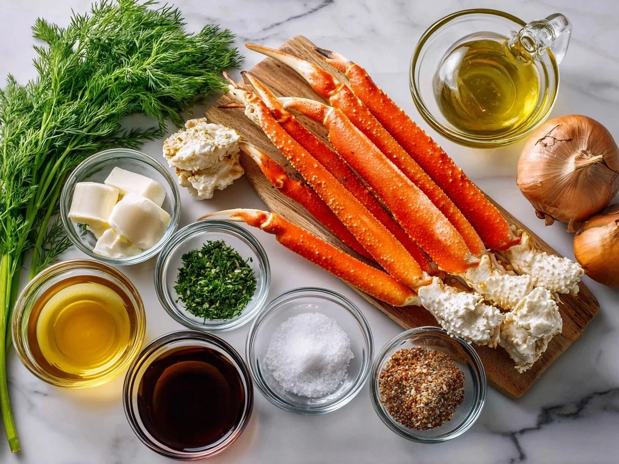 Ingredients for oven baked snow crab legs arranged on a kitchen counter