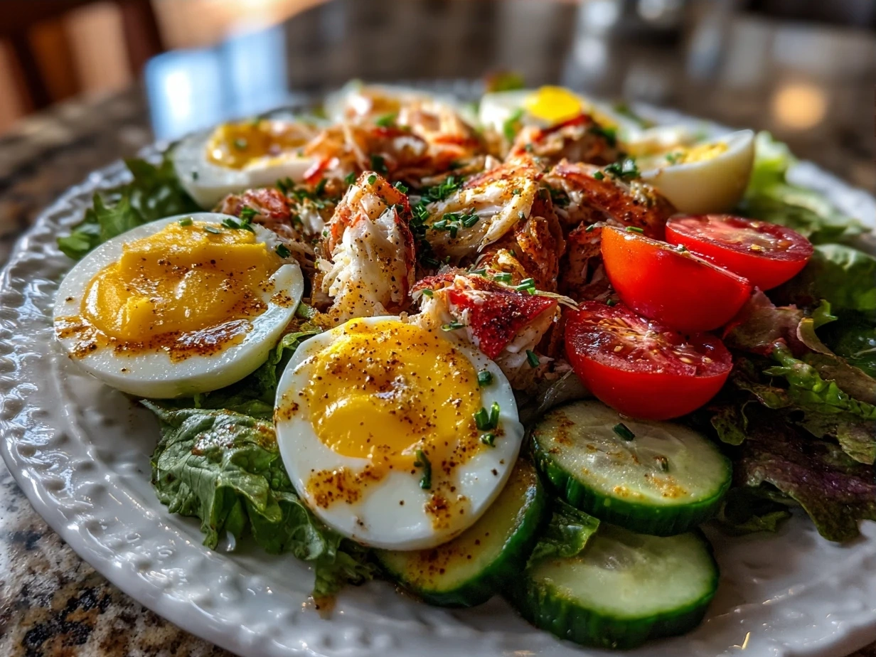 Finished Paleo Crab Louie salad beautifully plated and ready to serve