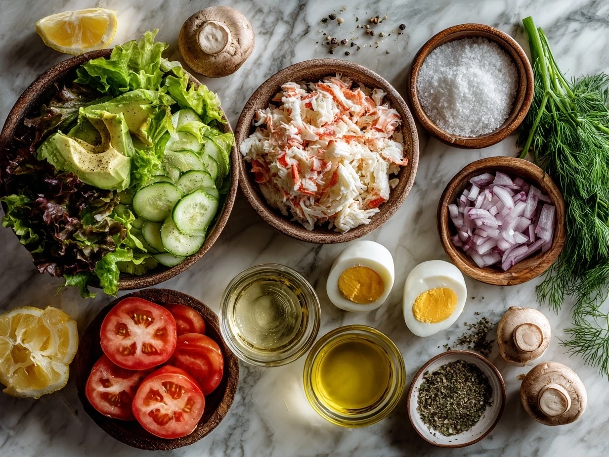 Ingredients for Paleo Crab Louie salad arranged on a kitchen counter