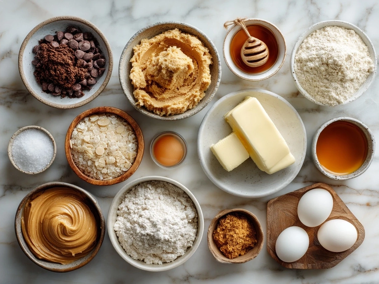 Ingredients layout for peanut butter cookies including peanut butter, sugar, egg, baking soda, vanilla, and salt