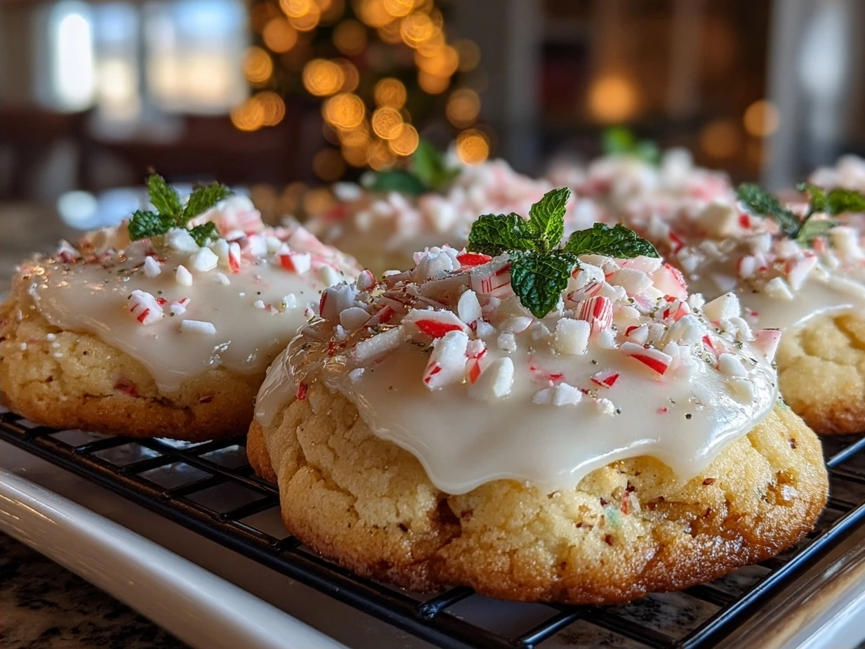 Freshly baked Peppermint Meltaway Cookies dusted with powdered sugar on a festive plate