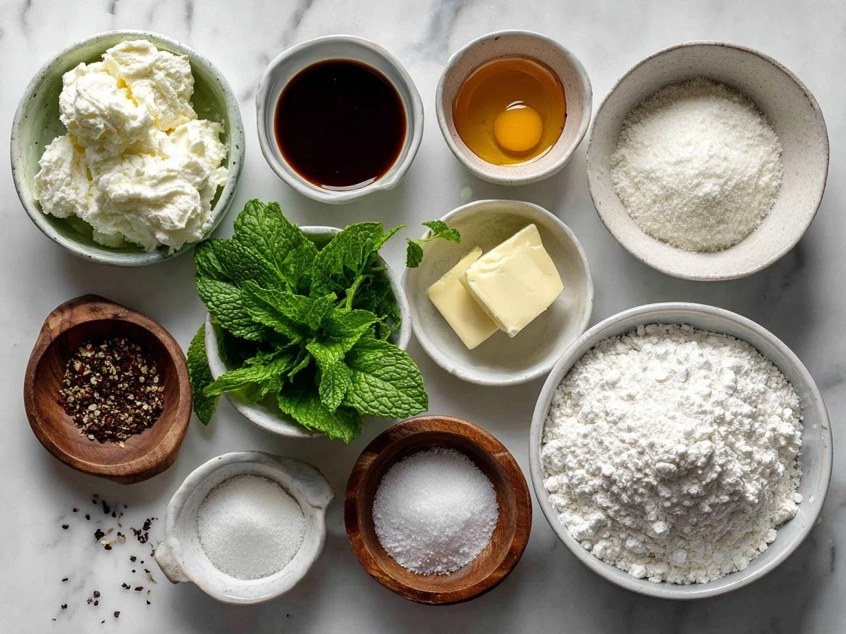 Ingredients laid out for Peppermint Meltaway Cookies with flour, butter, powdered sugar, crushed peppermint candies