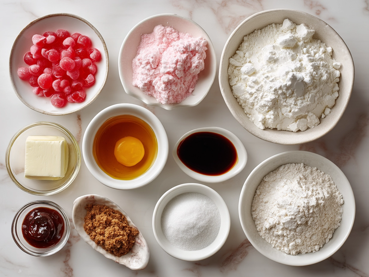 Ingredients for pink Maraschino Cherry Sugar Cookies including flour, sugar, butter, cherries, and spices