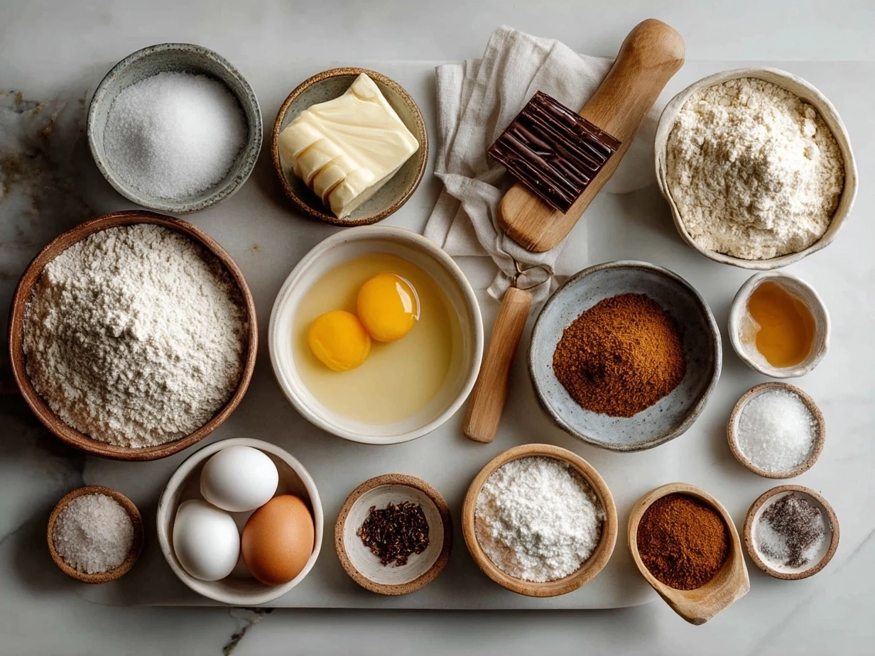 Ingredients for Polish Sernik including curd cheese, eggs, butter, lemon zest, and flour