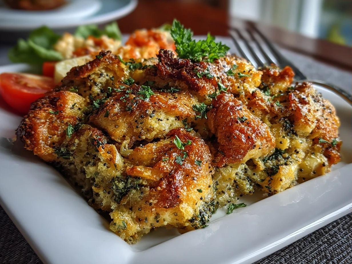 Finished creamy poppy seed chicken casserole with golden cracker topping in a baking dish