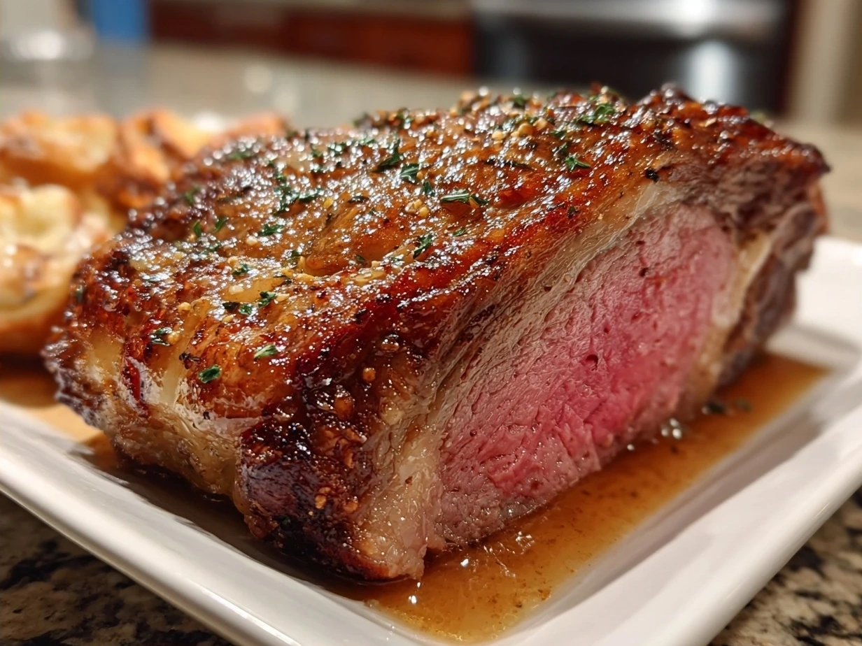 Perfectly cooked prime rib roast plated and ready to serve