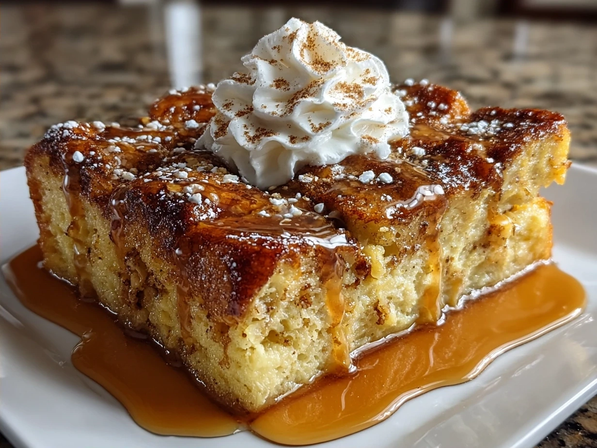 A serving dish filled with Pumpkin Spice French Toast Casserole garnished with whipped cream and pecans