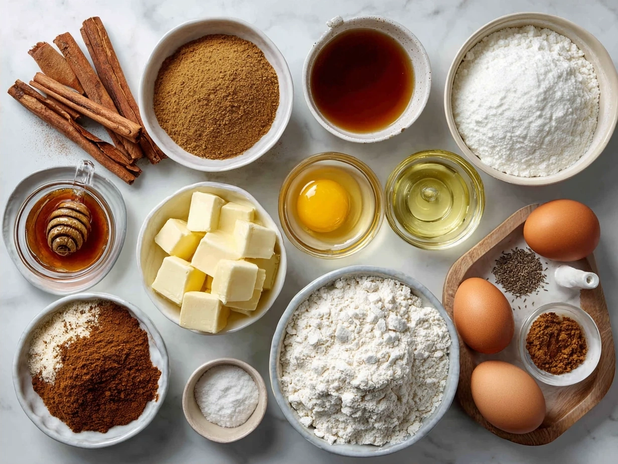 Ingredients for Pumpkin Spice French Toast Casserole laid out on a kitchen counter