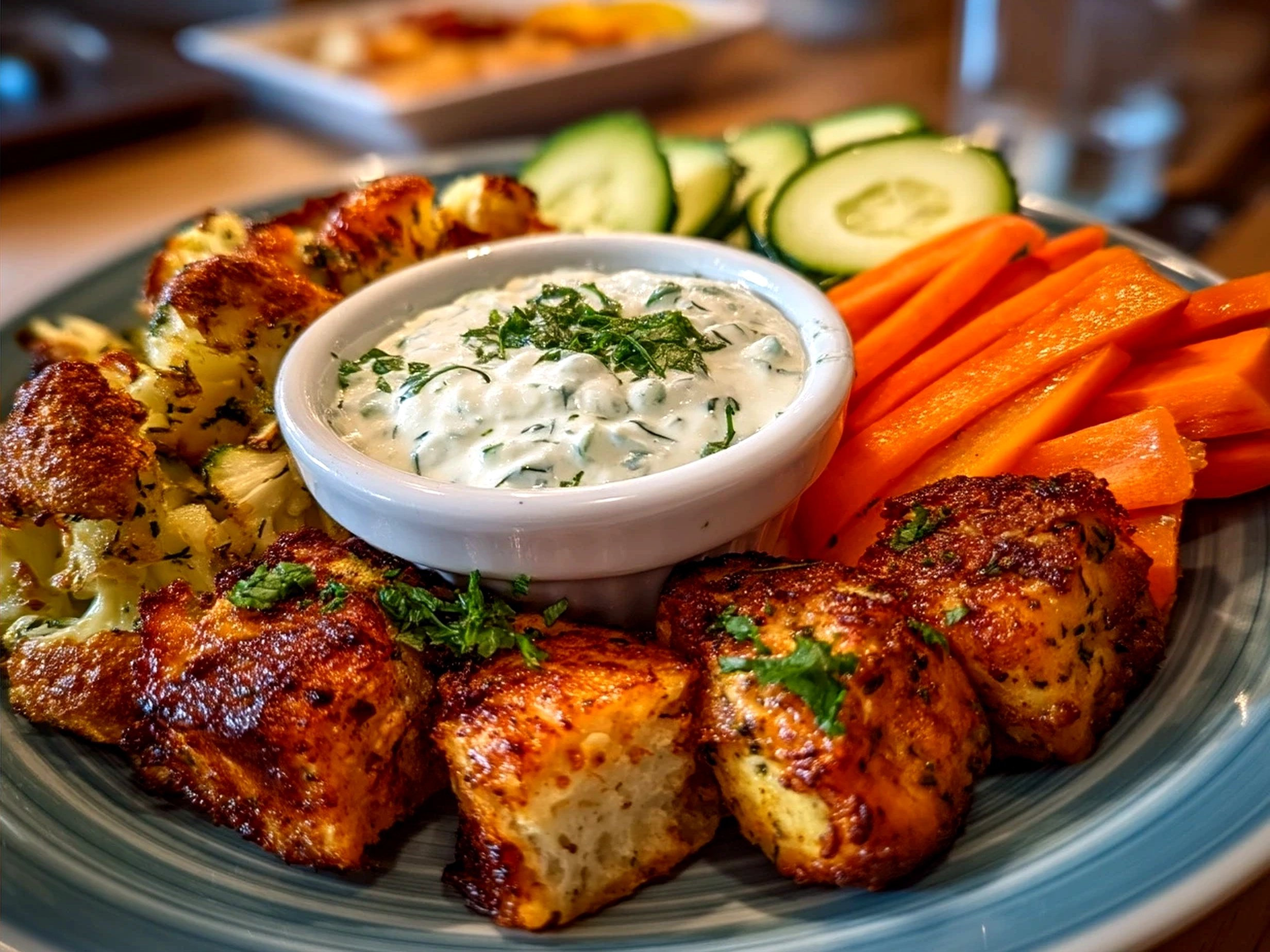 Creamy homemade ranch dressing served as dip with fresh cut vegetables and crispy chicken poppers