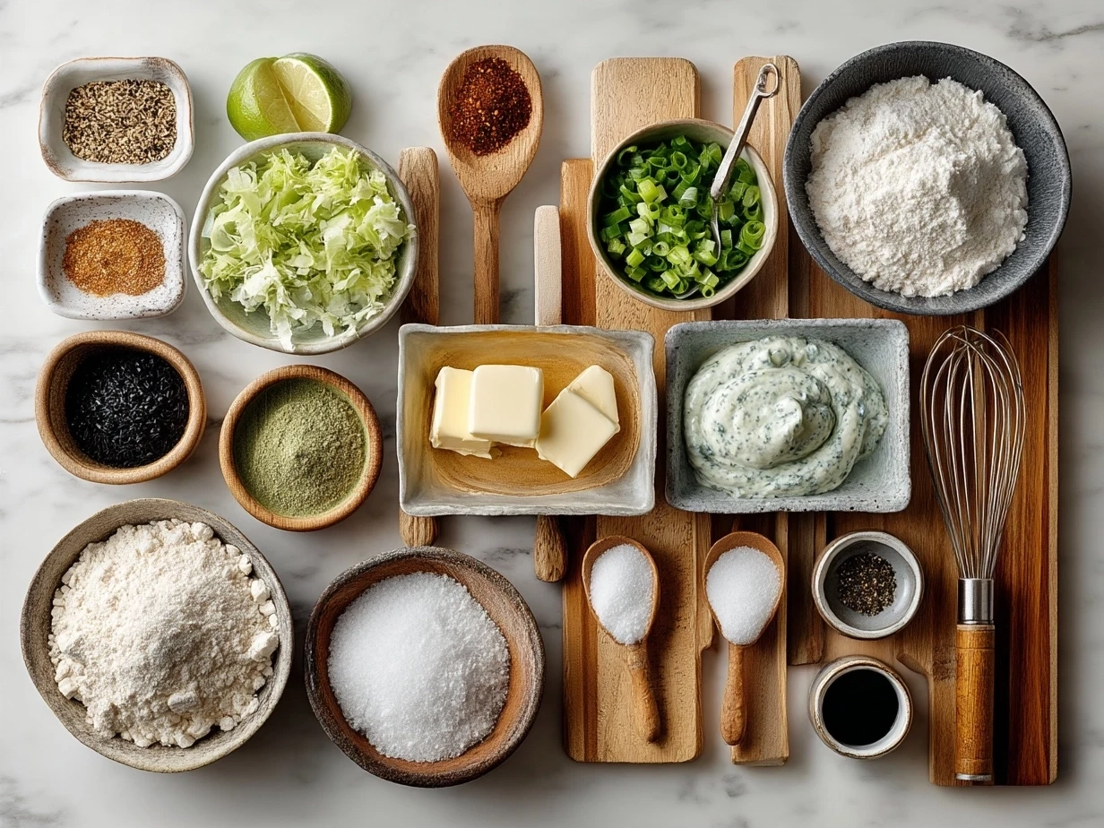 Ingredients laid out for creamy homemade ranch dressing including mayonnaise, buttermilk, dried dill, garlic and onion powder, fresh herbs, and spices