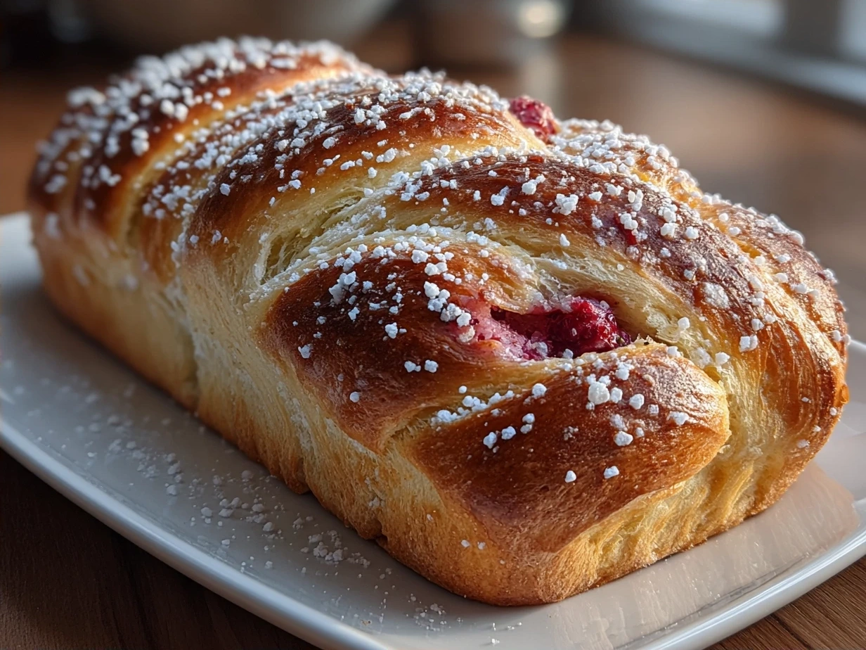 Golden Raspberry Swirl Brioche Loaf sliced, showing soft crumb and rich raspberry swirls