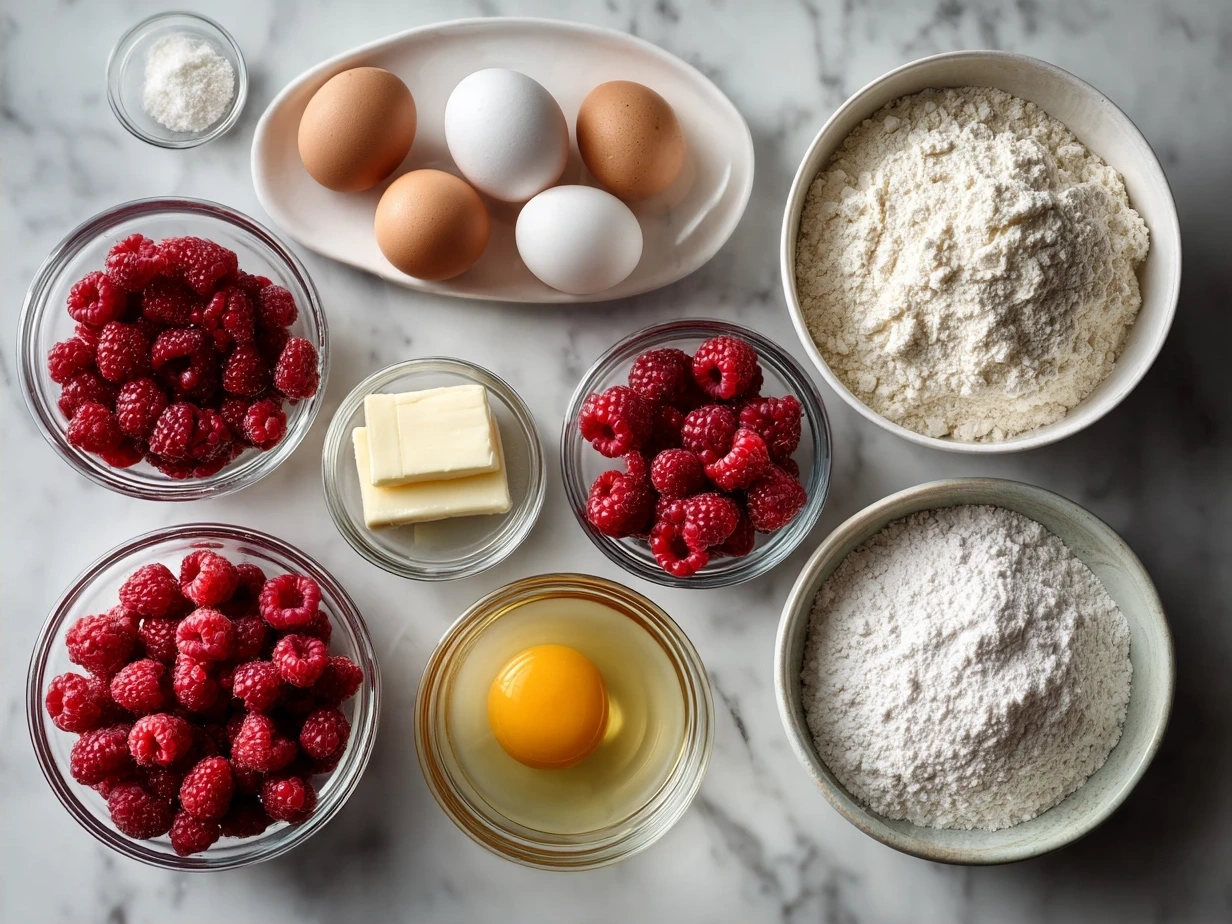 Ingredients for Raspberry Swirl Brioche Loaf including flour, sugar, eggs, butter, raspberry jam, and lemon zest