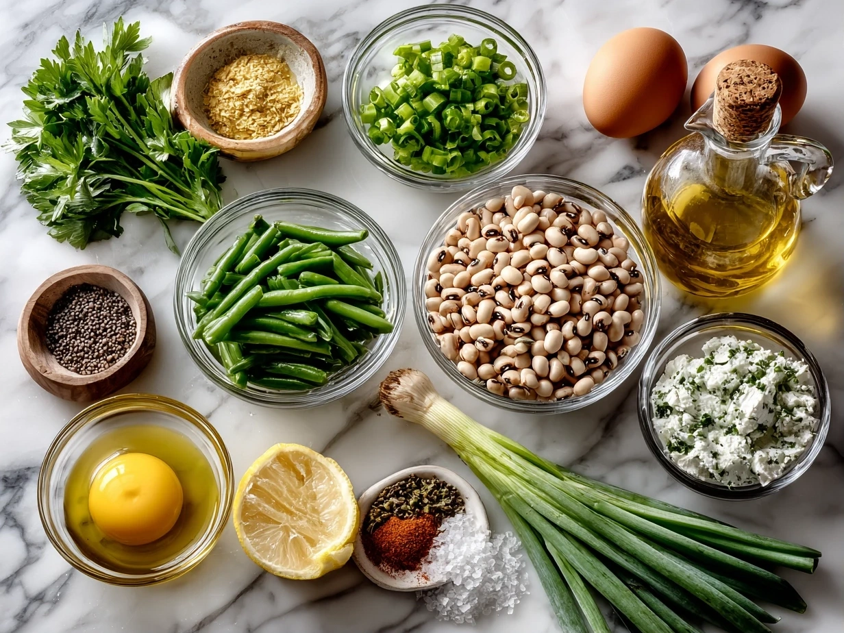 Ingredients for Black-Eyed Pea Salad: canned black-eyed peas, red onion, bell pepper, cilantro, apple cider vinegar, olive oil, Dijon mustard, honey, garlic powder, smoked paprika, salt, and pepper