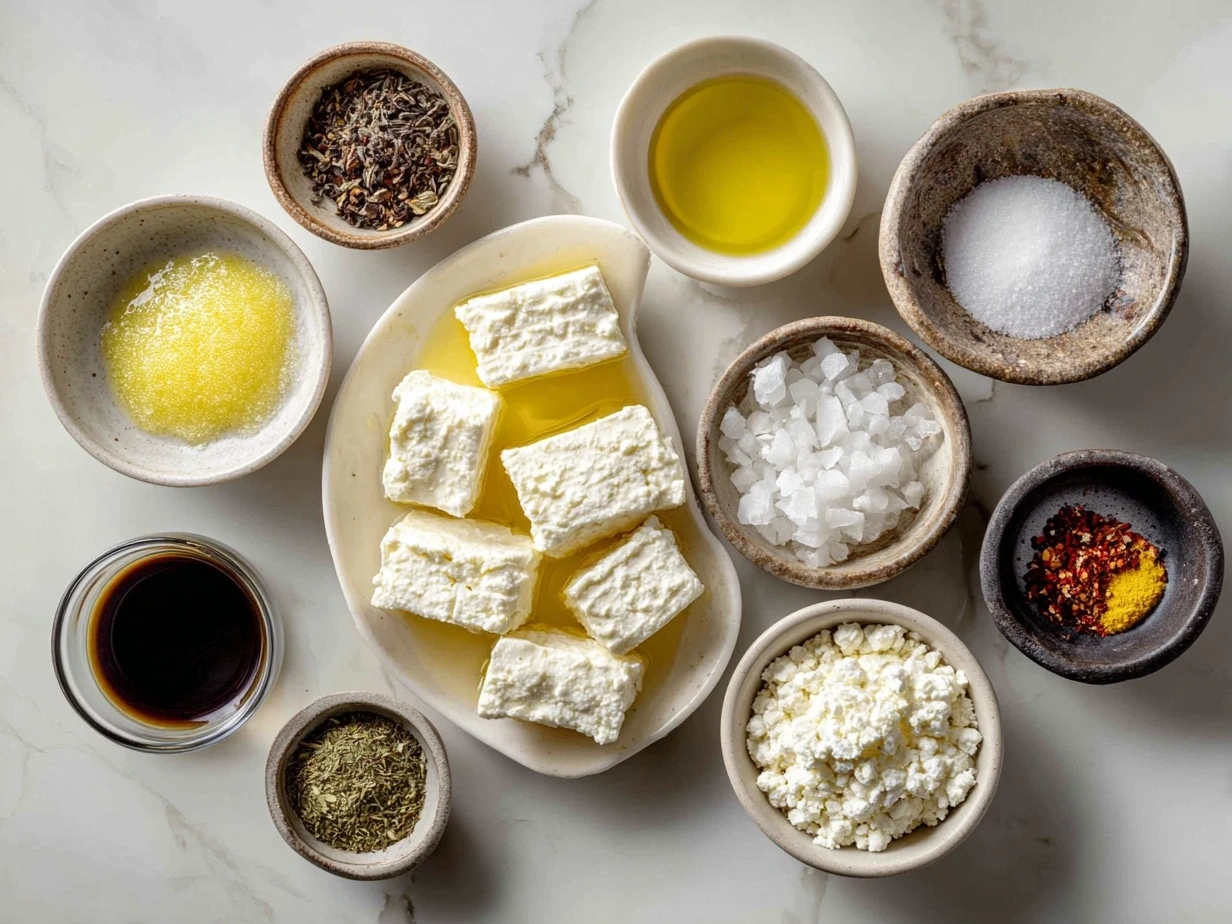 Raw ingredients for marinated cheese including feta, halloumi, herbs, garlic, and olive oil