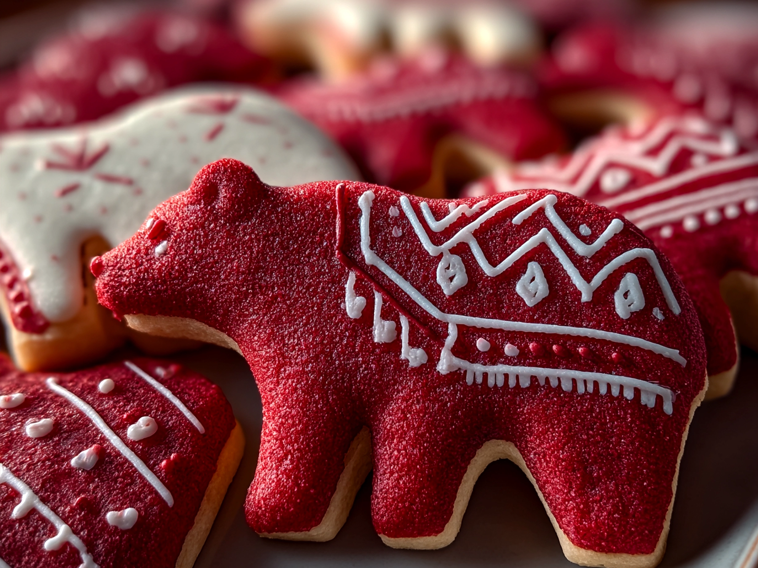 Red Velvet Bear Cookies with chocolate cream cheese frosting on a decorative plate