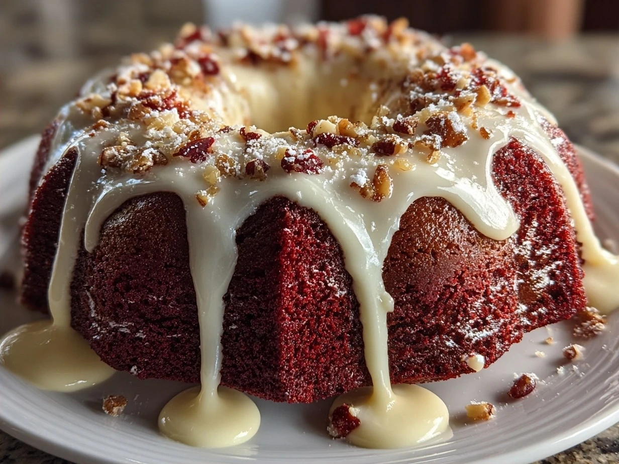 Slice of Red Velvet Cream Cheese Bundt Cake with cream cheese glaze