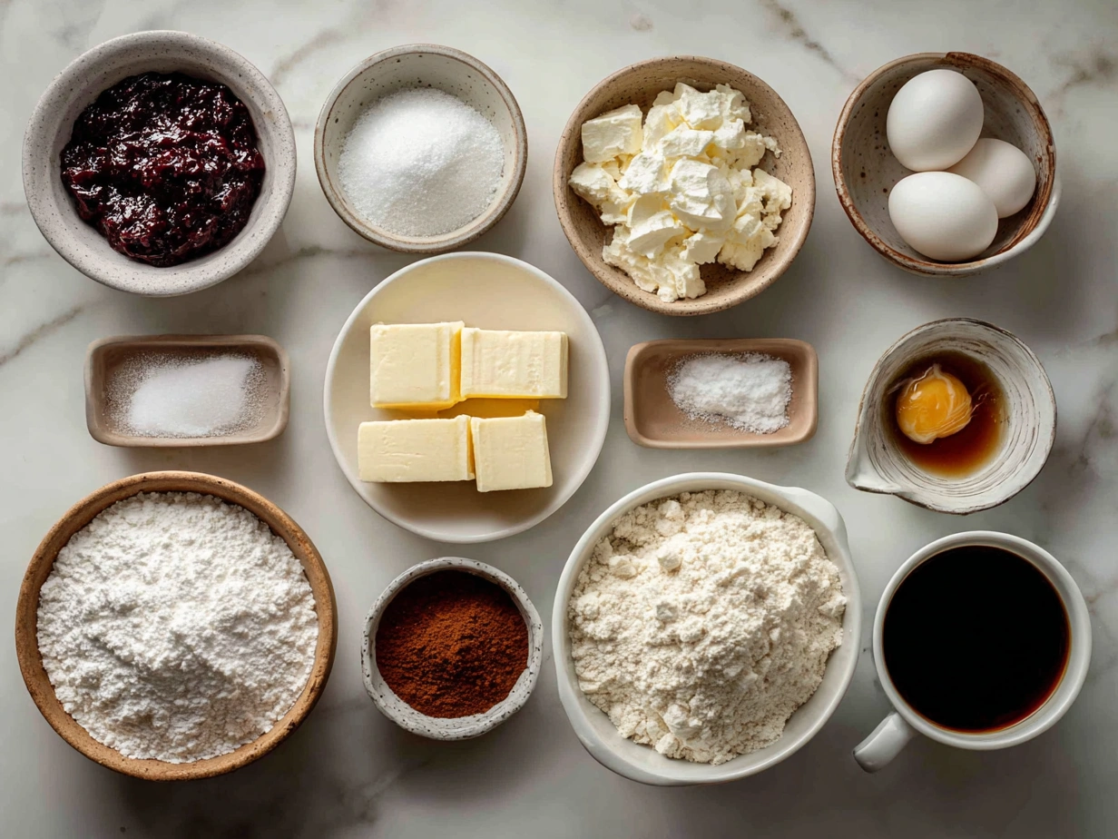 Ingredients for Red Velvet Cream Cheese Bundt Cake laid out on a kitchen counter
