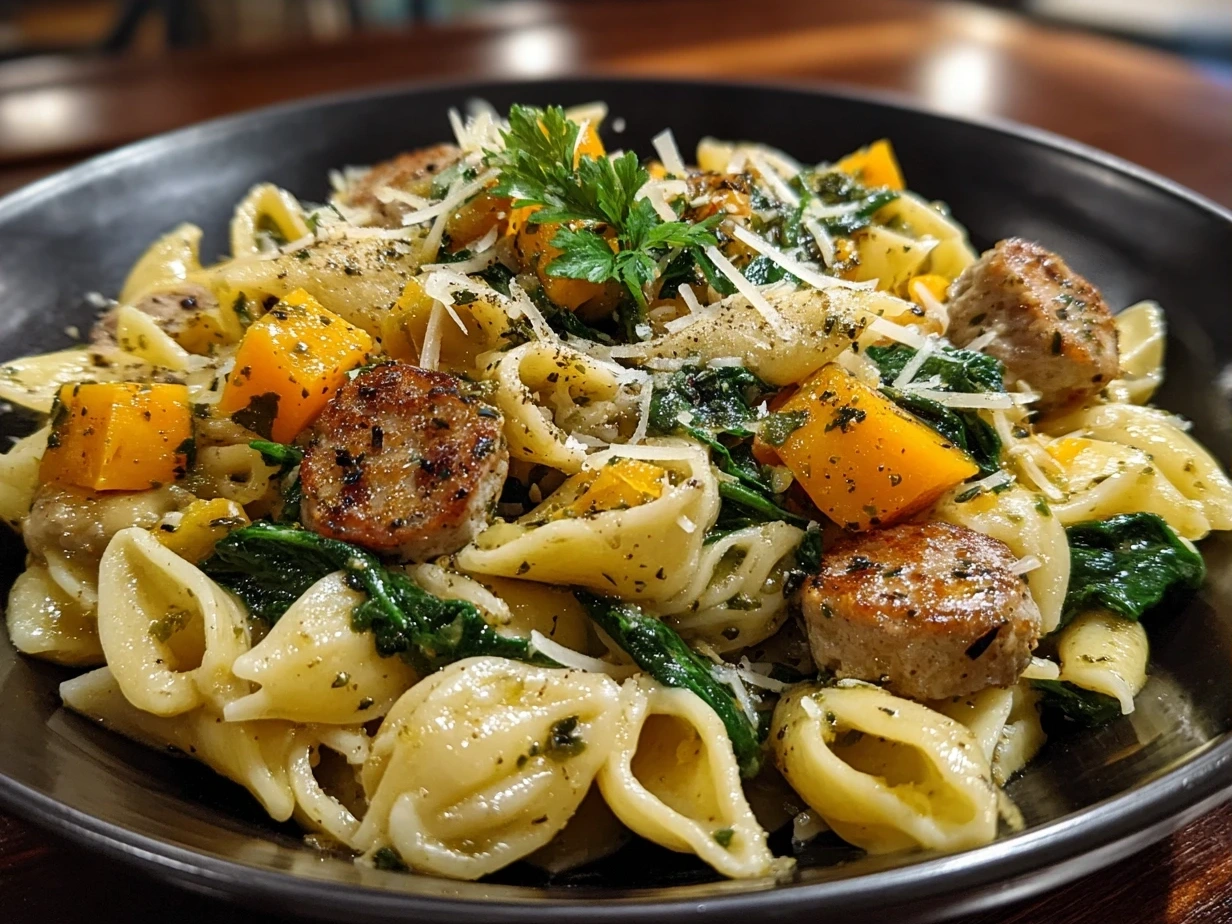 Served Roasted Butternut Squash Pasta with Sausage and Spinach