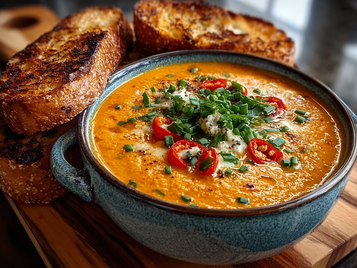 Bowl of creamy Roasted Red Pepper Gouda Soup garnished with fresh thyme