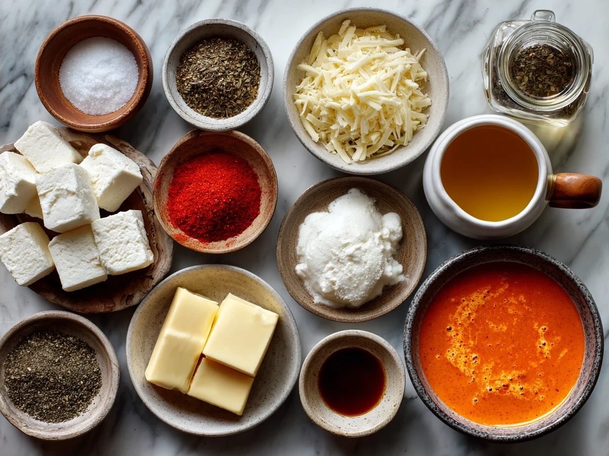Ingredients for Roasted Red Pepper Gouda Soup including red bell peppers, onions, cheese, and spices