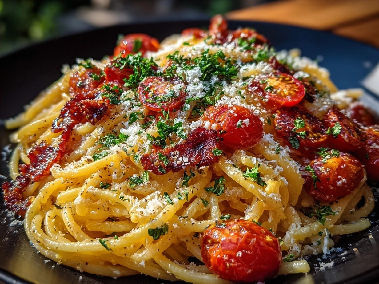 Final plated Roasted Tomato Ricotta Pasta garnished with fresh basil