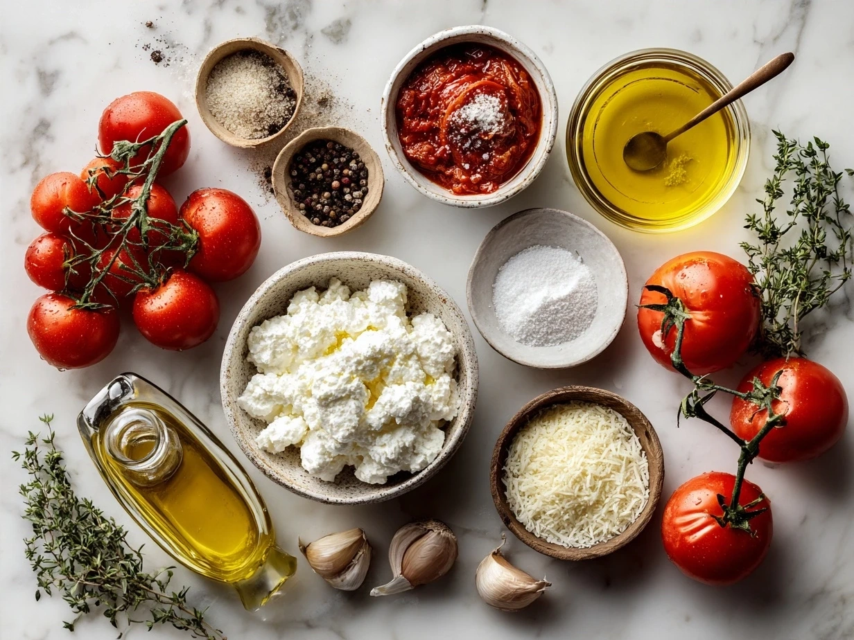 Ingredients for Roasted Tomato Ricotta Pasta including fresh tomatoes, garlic, ricotta, Parmesan cheese, olive oil, and fresh basil