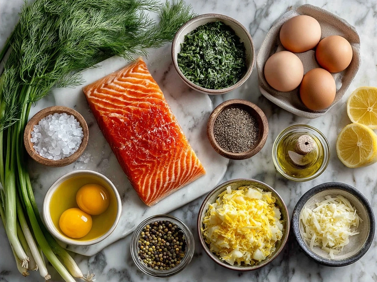 Ingredients for Salmon Piccata including salmon fillets, lemon, capers, butter, olive oil, and fresh parsley