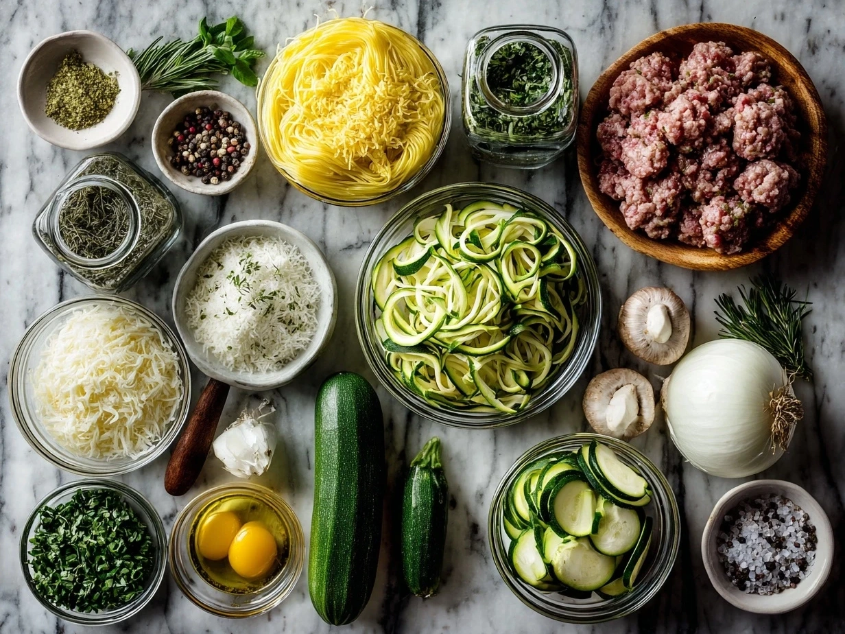 Ingredients for Sausage and Courgette Pasta laid out on a kitchen counter
