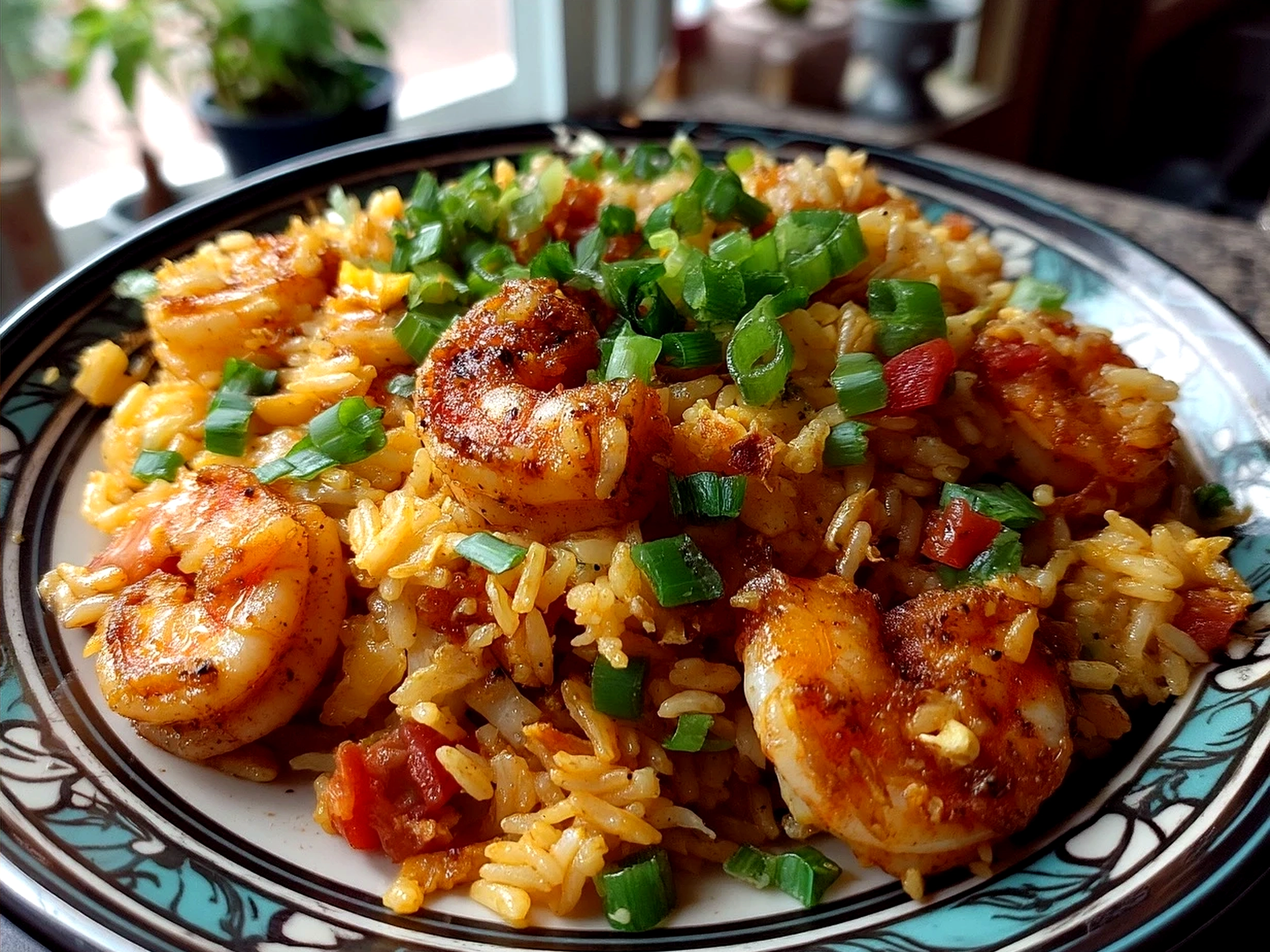 Serving of Shrimp Dirty Rice garnished with green onions and parsley on a plate