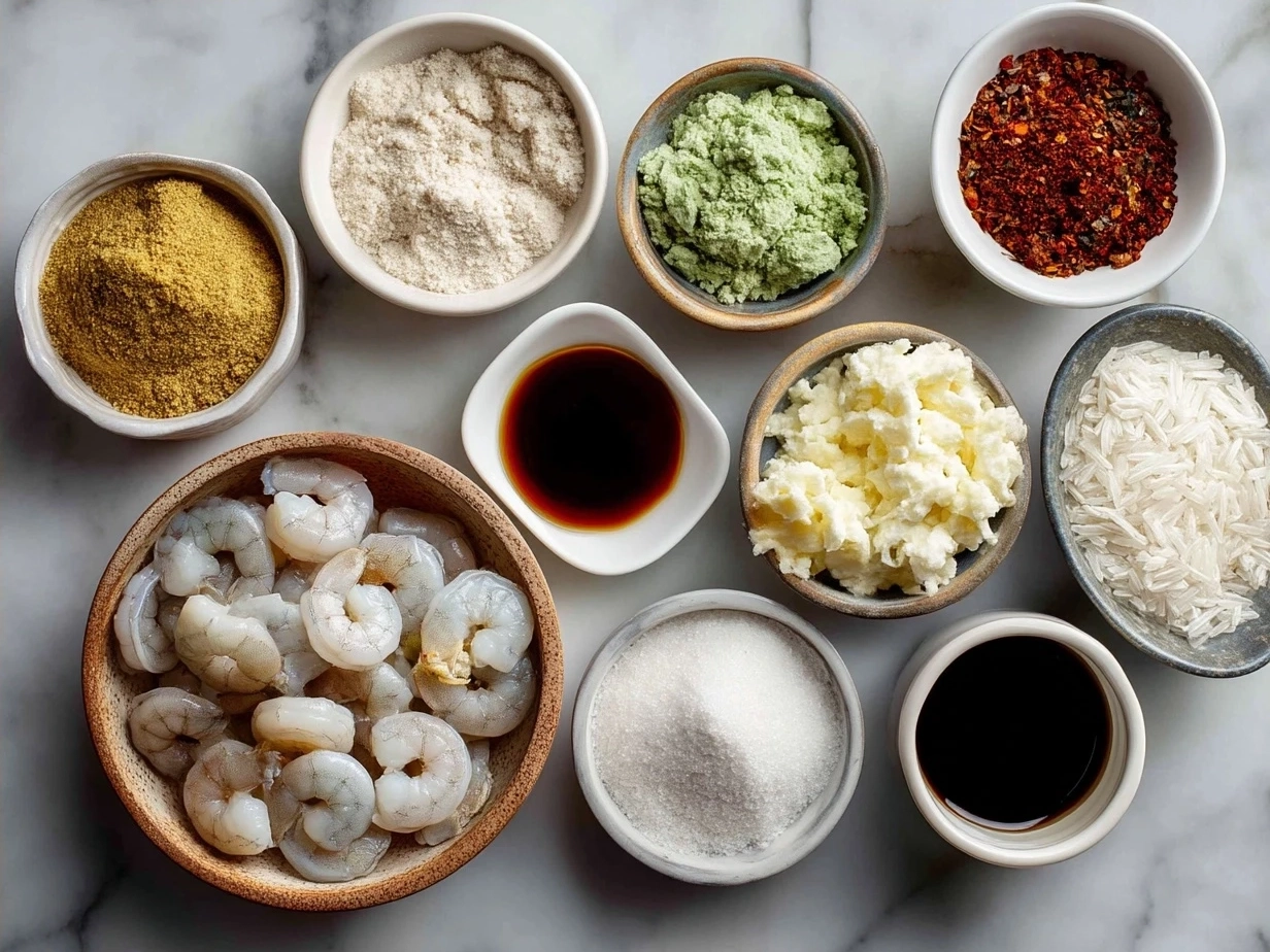 Ingredients for Shrimp Dirty Rice laid out on a kitchen counter