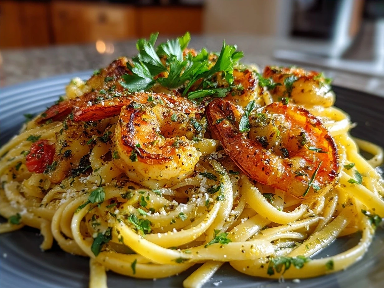 Delicious creamy garlic shrimp linguine plated and garnished with parsley