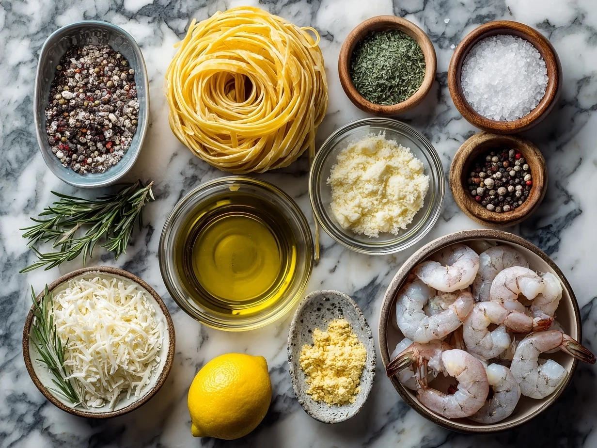 Ingredients for creamy garlic shrimp linguine including linguine pasta, shrimp, butter, garlic, white wine, heavy cream, Parmesan, olive oil, red pepper flakes, and fresh parsley