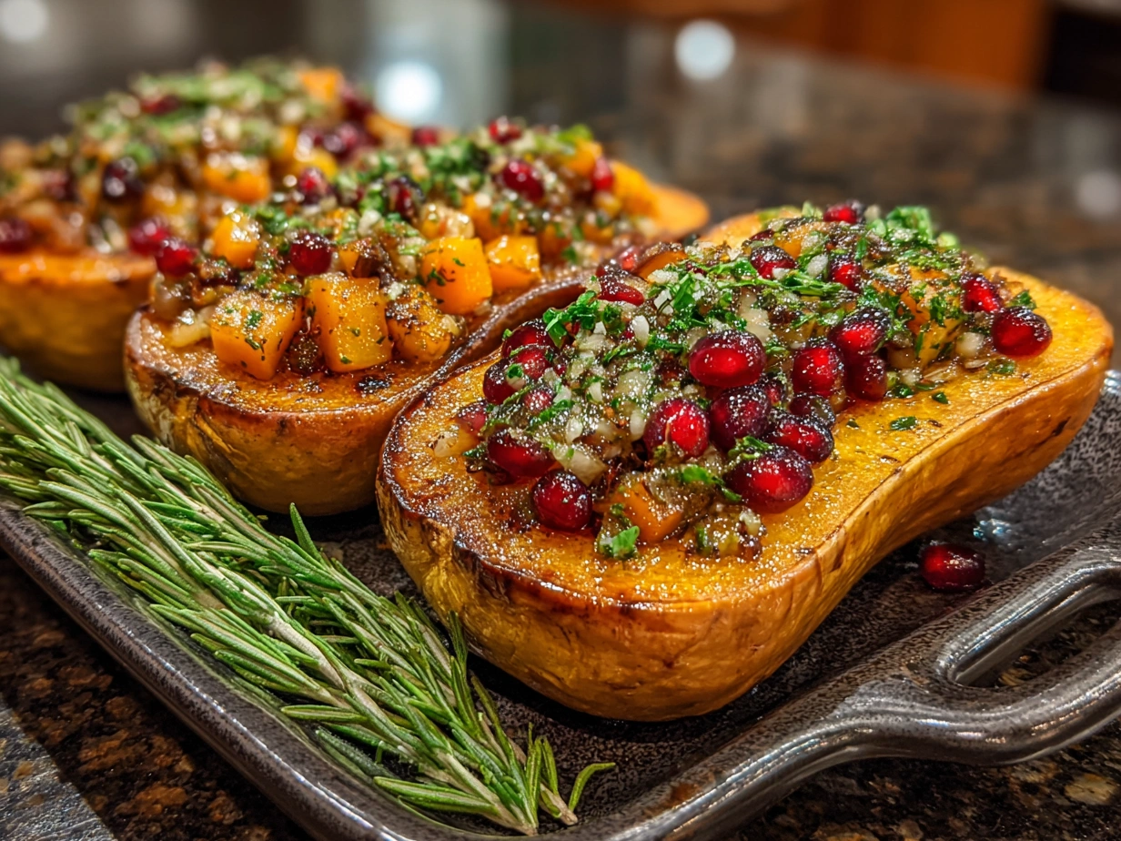 Finished Simanim Stuffed Butternut Squash with fresh parsley garnish and vibrant colors