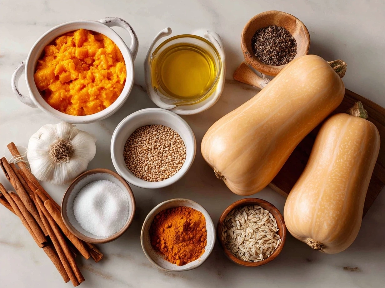 Ingredients for Simanim Stuffed Butternut Squash: butternut squash, walnuts, dried apricots, quinoa and spices