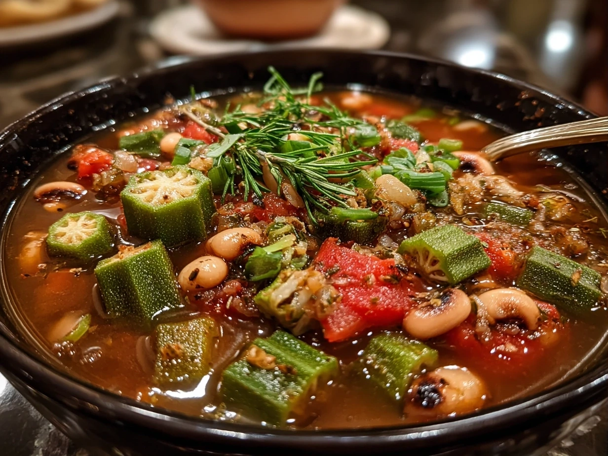 Slight angle close up of finished Black-Eyed Peas Okra Stew in bowl
