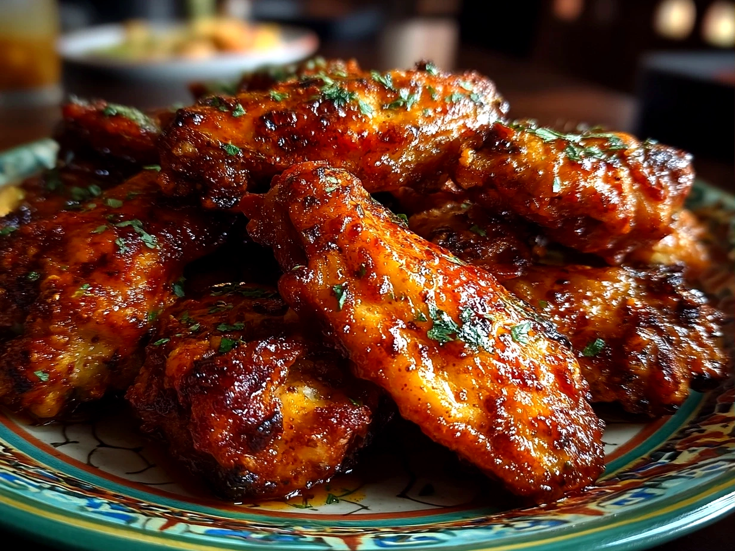 Slight angle close up of finished spicy dry rub wings served on a plate