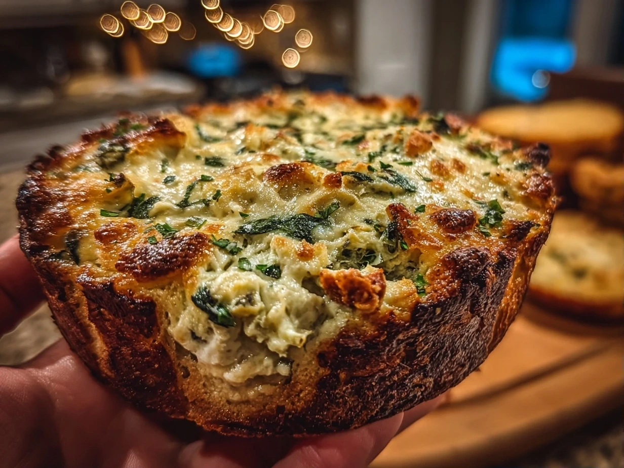 Slight angle close-up of finished creamy spinach artichoke dip with golden top