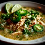 Slow Cooker Green Enchilada Chicken Soup in rustic bowl