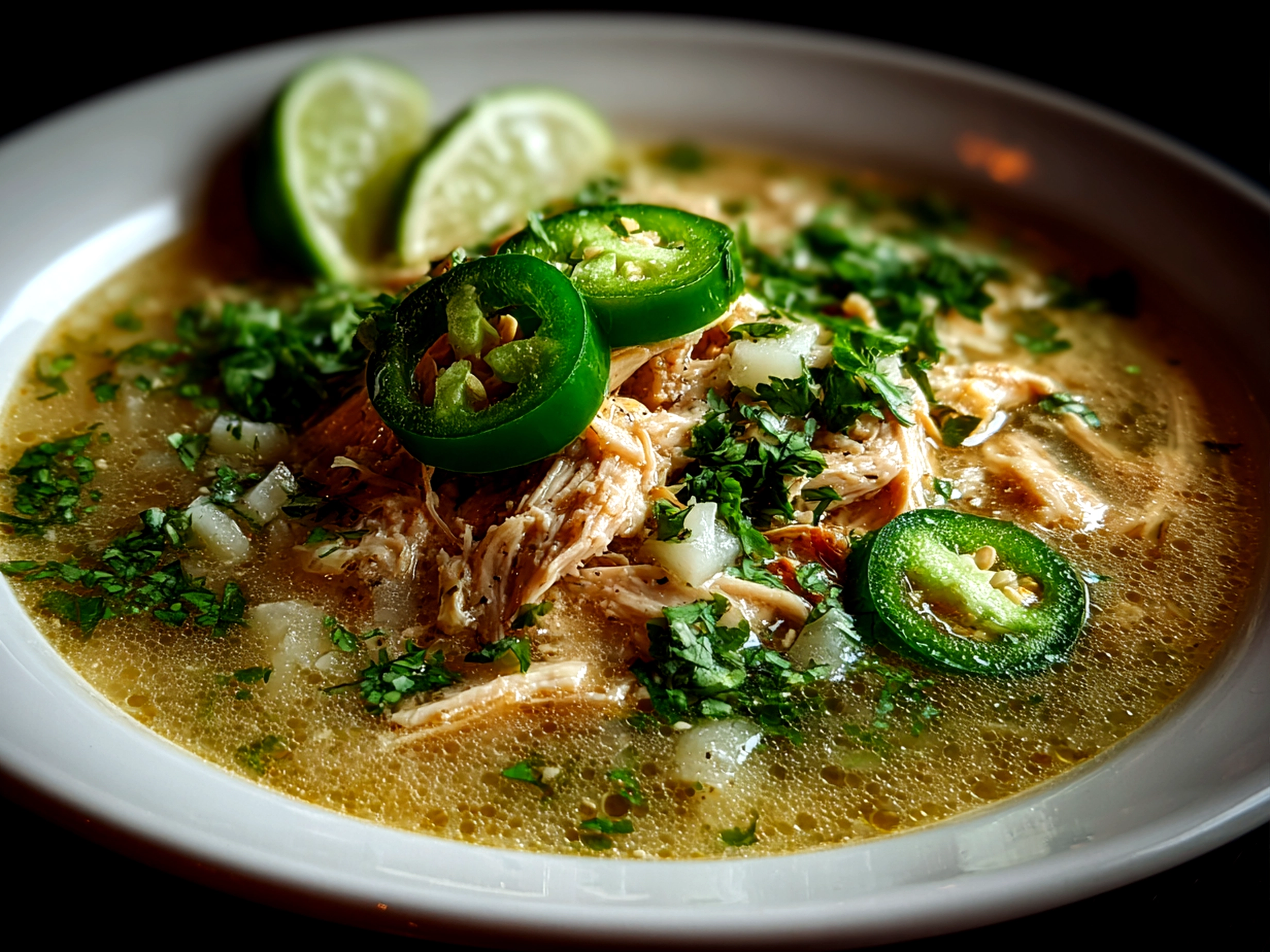 Slow Cooker Green Enchilada Chicken Soup in rustic bowl