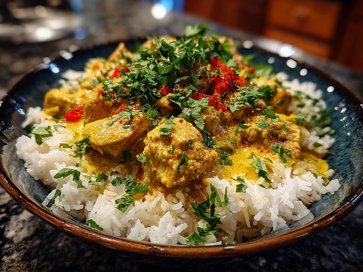 Finished Slow Cooker Chicken Korma recipe served with garnishes
