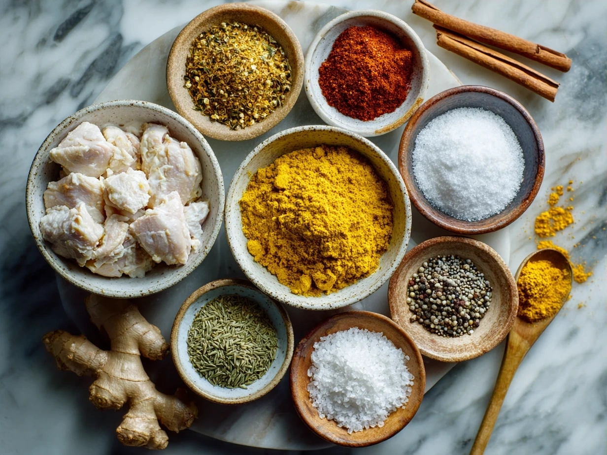 Ingredients for Slow Cooker Chicken Korma recipe including chicken thighs, yogurt, coconut milk, spices and almonds