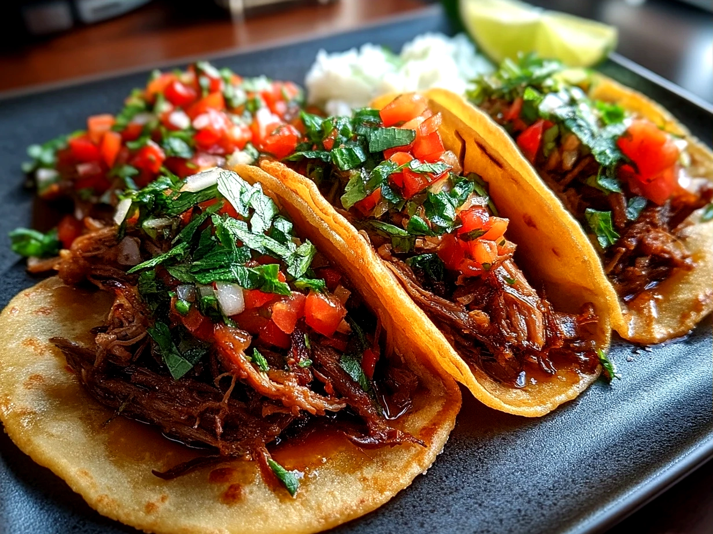 Plate of Slow Cooker Mexican Shredded Beef tacos garnished with cilantro and lime