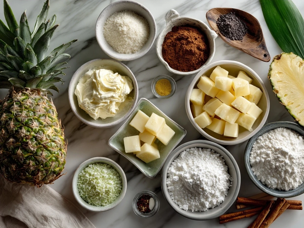 Ingredients for Pineapple Cowboy Candy including fresh pineapple, red bell pepper, and spices