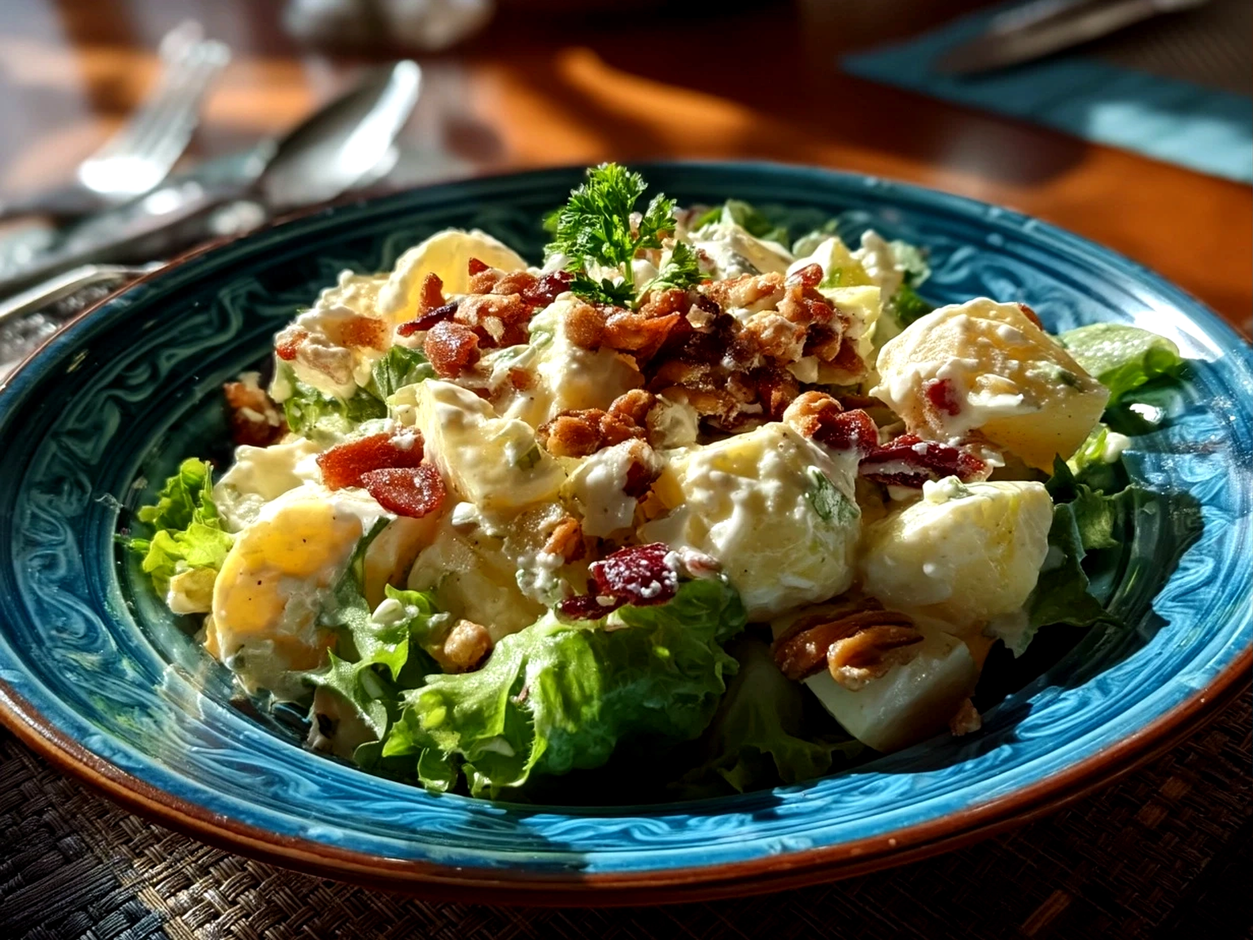 Chilled Snicker Apple Salad served in a glass bowl with chopped Snickers and nuts on top