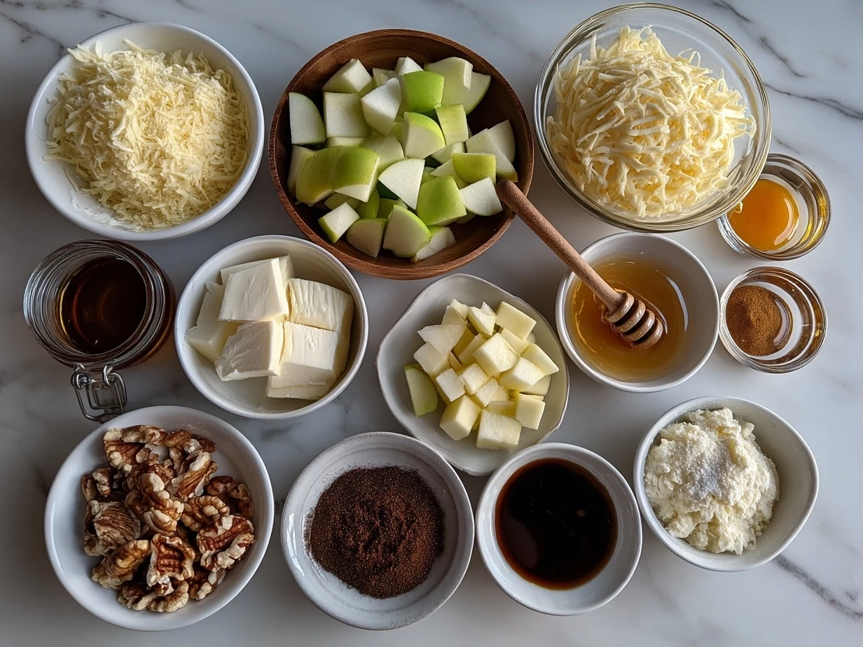 Ingredients for Snicker Apple Salad including apples, Snickers bars, mini marshmallows, pecans, yogurt, sour cream, sugar, and vanilla extract