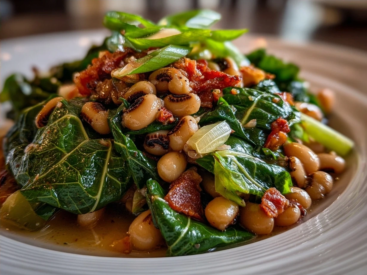 Bowl of Southern Black-Eyed Peas with Collard Greens served warm and ready to enjoy